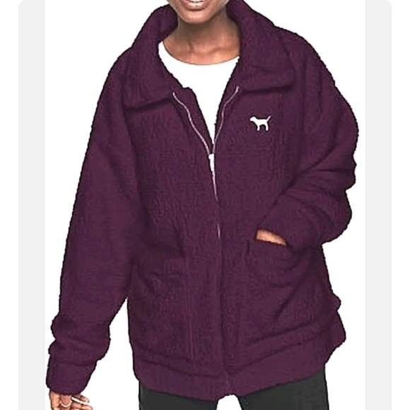 PINK Victoria's Secret Jackets & Blazers - Victoria's Secret Pink "Eggplant" Oversized Sherpa Zip-Up Jacket XS